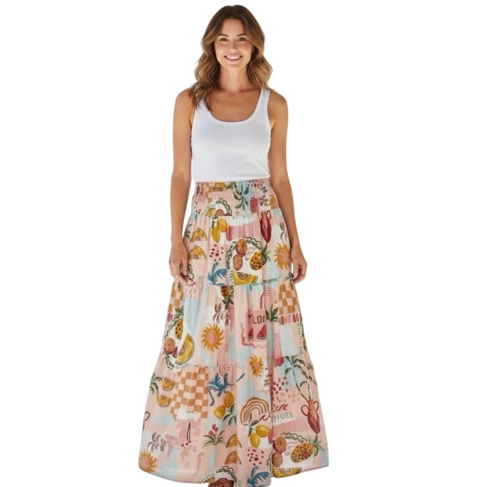 Paper Heart Australia Maxi Skirt L Fruit Print Linen Blend Tiered Resort Boho